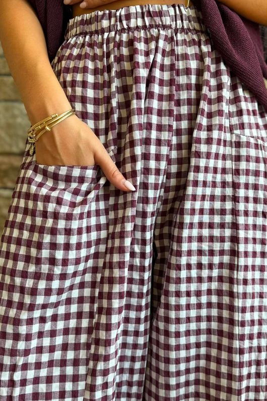 Nonni Gingham Relaxed Barrel Pant Aubergine